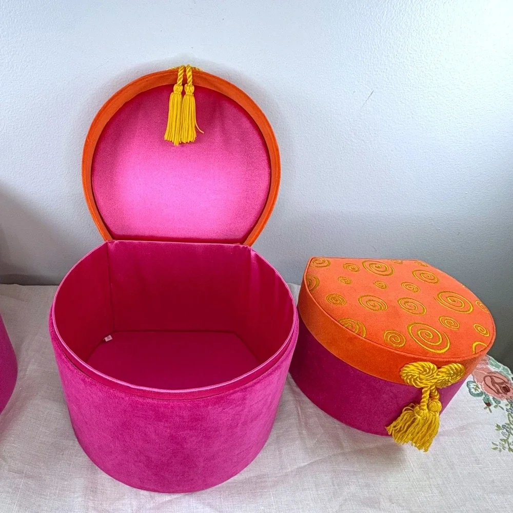 Vintage Style Velvet Nesting Hat Boxes Set of 3 Magenta Orange Tassel Swirls